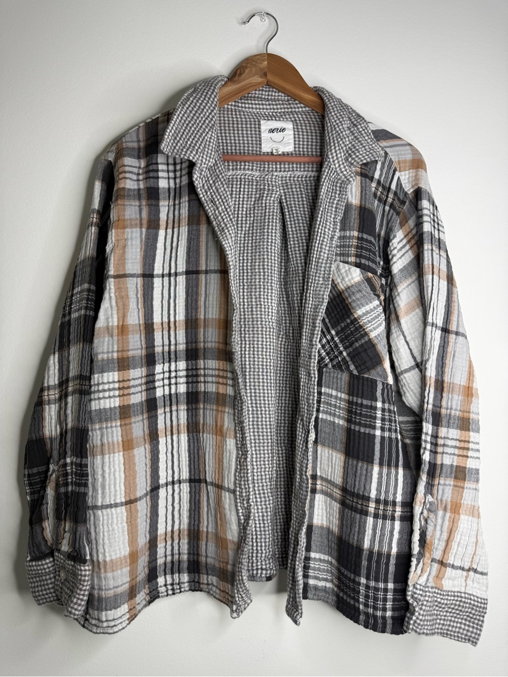 aerie Men’s Plaid Shirt Jacket in Gray & Brown